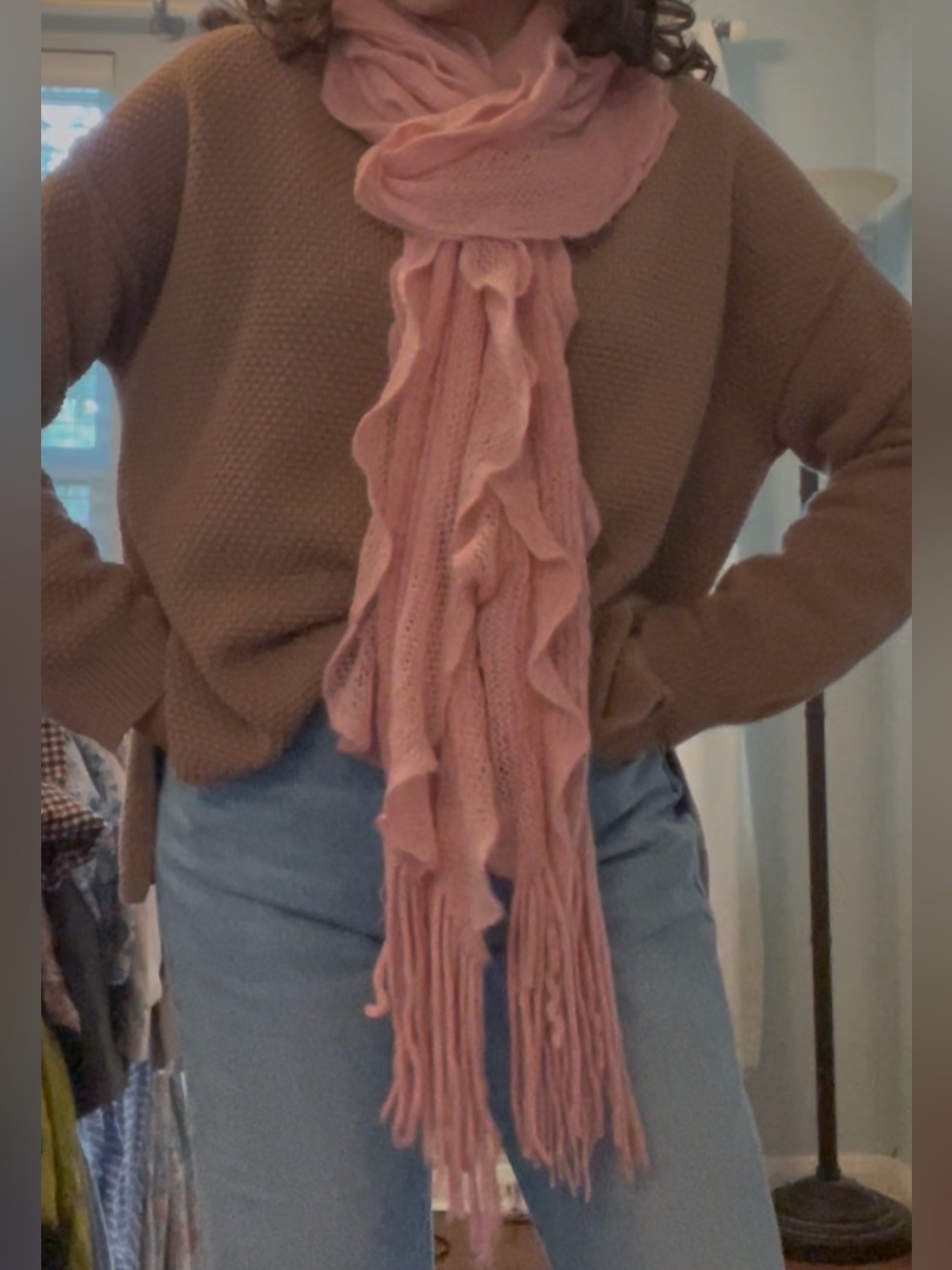 Soft Pink Ruffle Knit Scarf - Women Accessories
